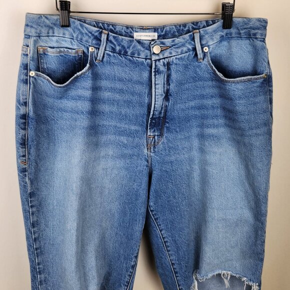 Good American Weekender Straight Leg Jeans Distressed Ripped Knees sz 15 - Picture 4 of 13